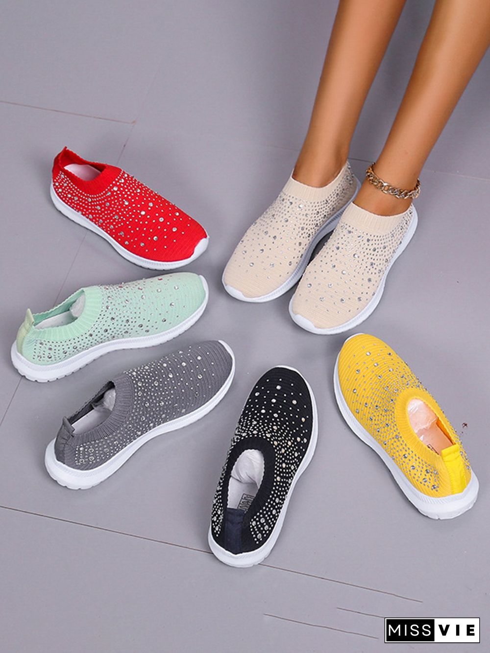 Rhinestone Design Portable Overfoot Lightweight Flyknit Sneakers