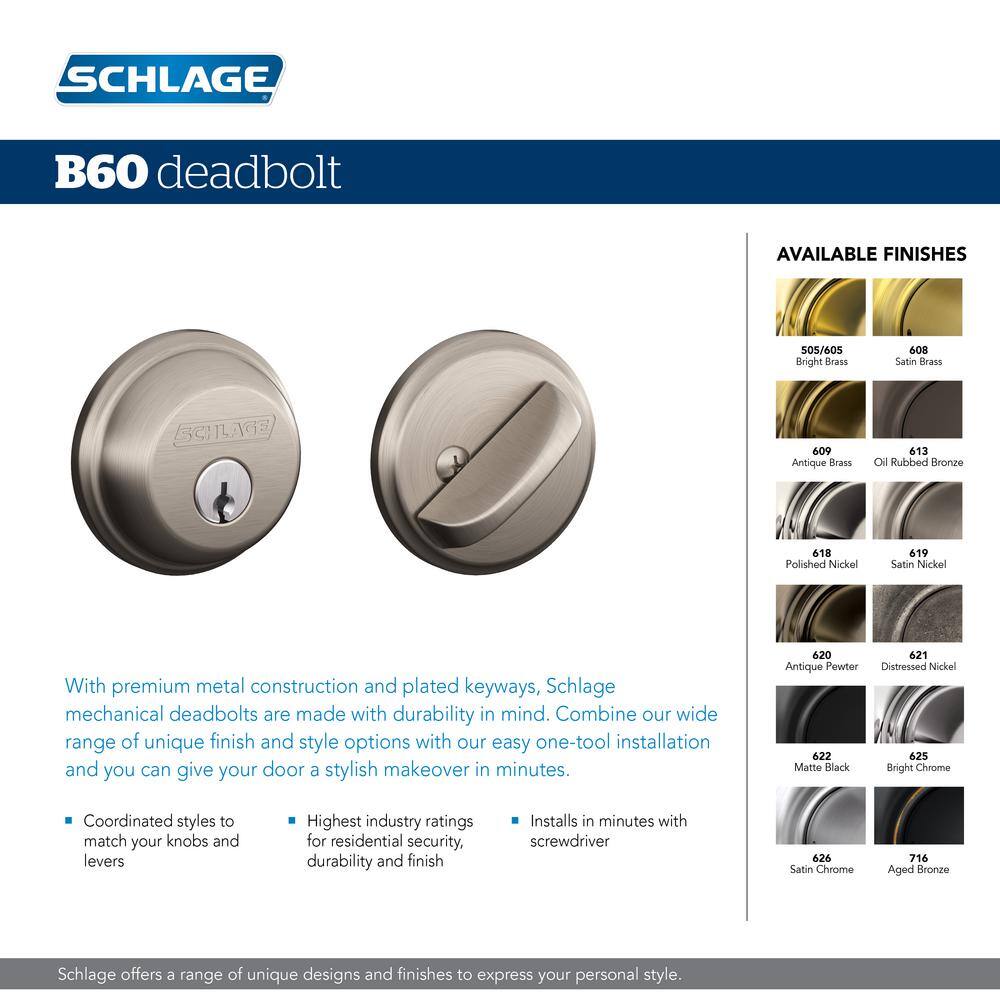 Schlage Satin Chrome Single Cylinder Deadbolt - Light Commercial B60CS G 626