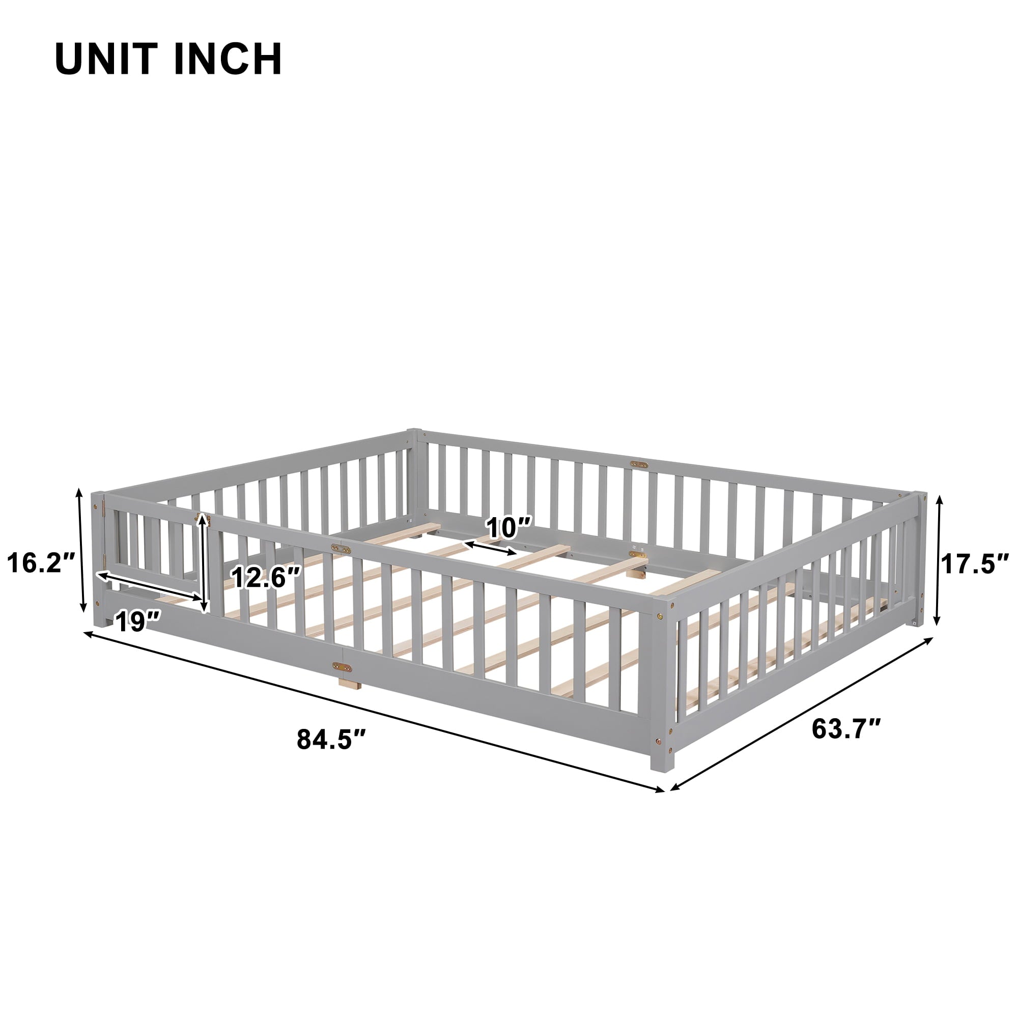 uhomepro Queen Size Wood Floor Bed Frame with Fence and Door for Kids, Toddlers, Gray