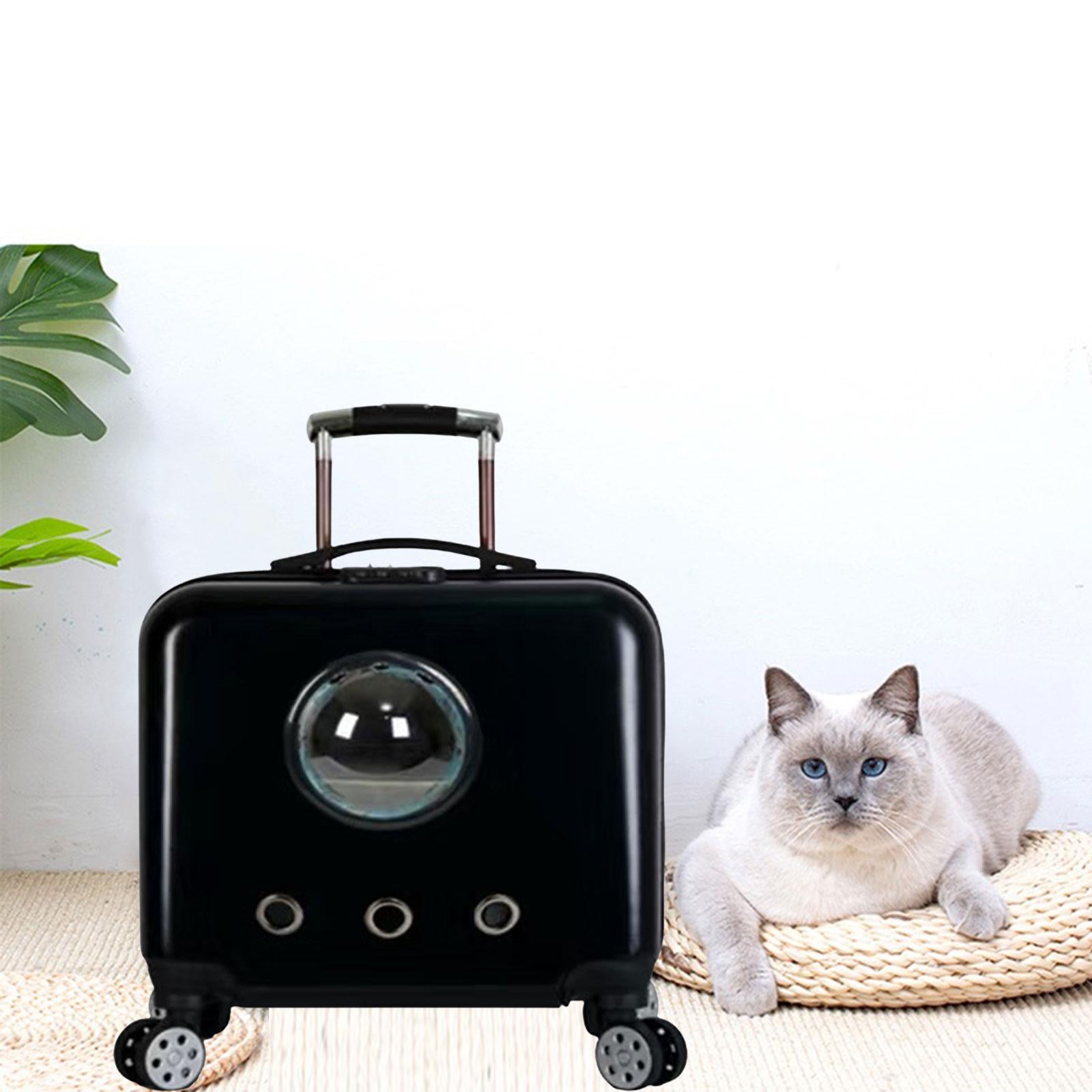 Cat Trolley Case Backpack with Wheel Transparent Space Package Tote Pet Carrier Cage Carrying Bag for Small Animals Puppy Kennel Rabbit black