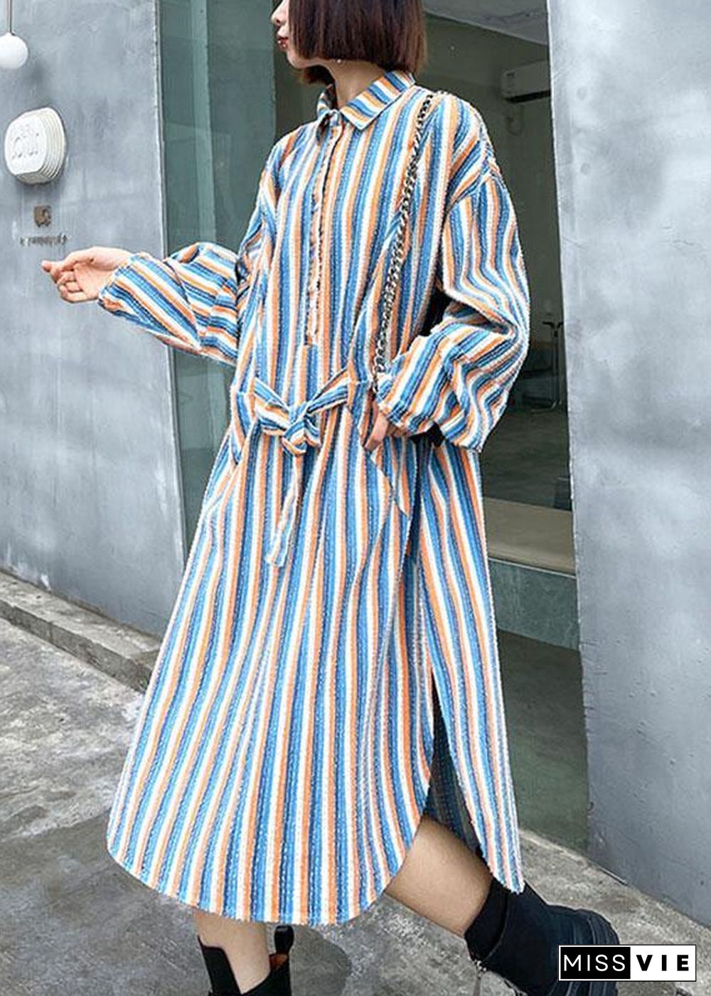 Unique Tie Waist Button Side Open Fall Striped Dress Long sleeve