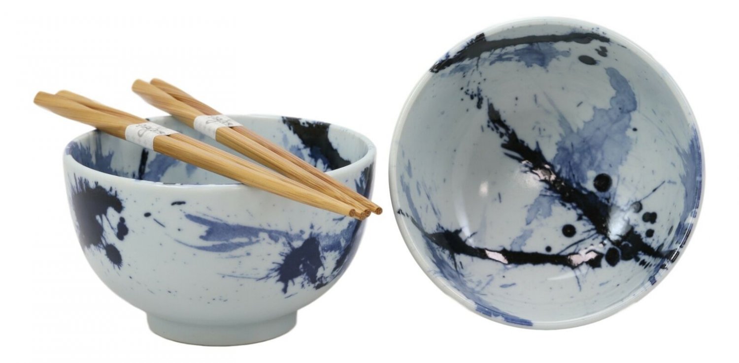 1 Japanese Blue Splash Paint Abstract Design Porcelain Bowls With Chopsticks Set 2 EBR02