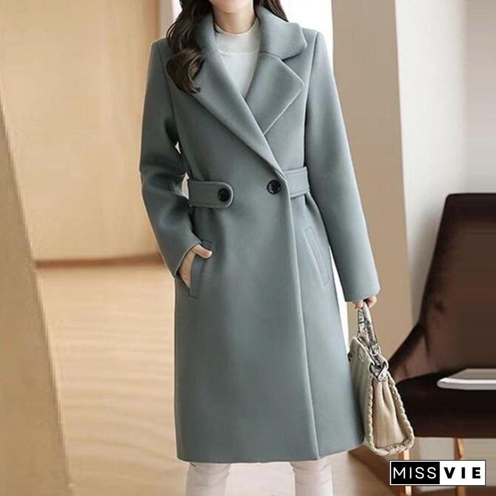 Winter Clothes Wool Coat Belt Slim Women Coat Korean Autumn Female Woolen Coat Fashion Double-breasted Jacket Elegant Blend