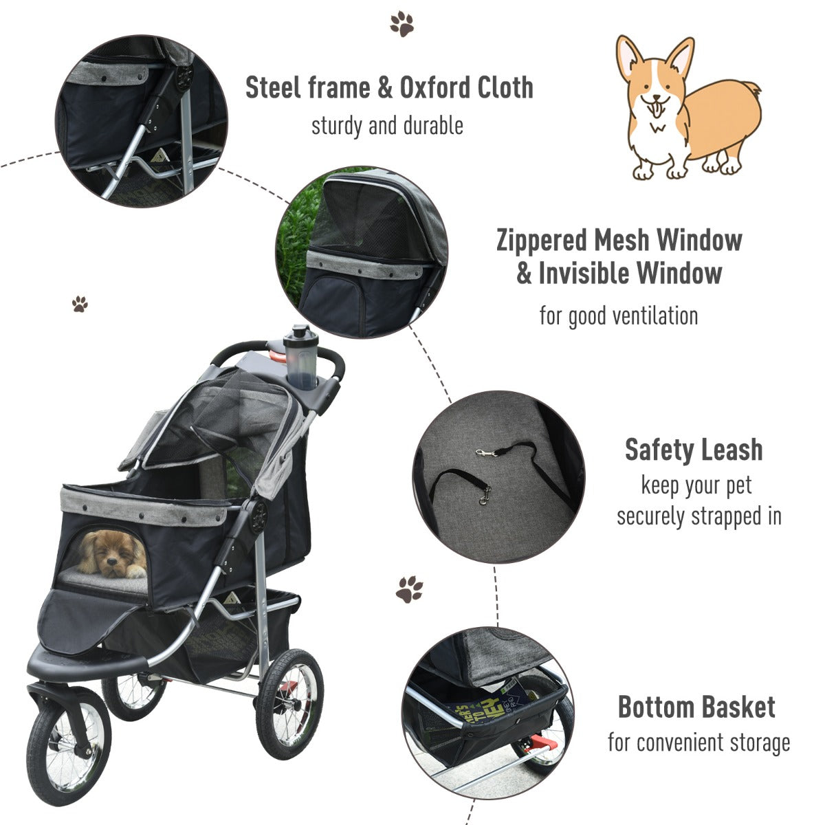 Luxury Folding Pet Stroller Dog/Cat Travel Carriage with Adjustable Canopy and a Zippered Mesh Window Door - Grey