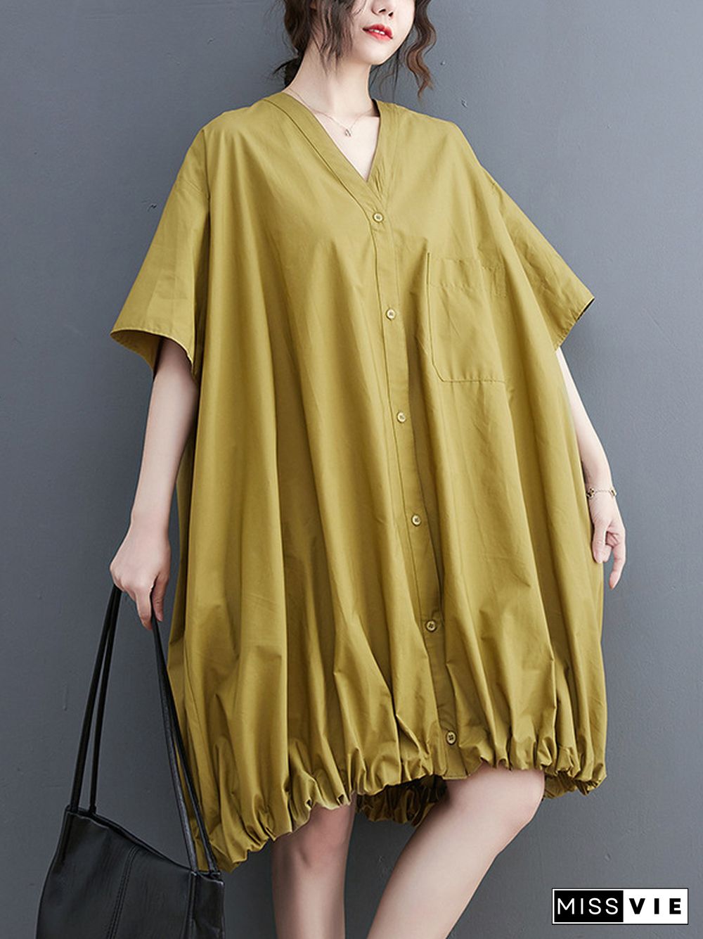 Loose Short Sleeves Solid Color V-Neck Midi Dresses