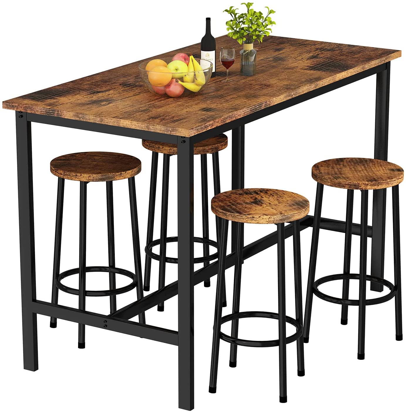 Recaceik Bar Table and Chairs Set, Industrial Counter 35.62 Height Pub Table with 4 Chairs Bar Table Set, 5 Pieces Dining Table Set Home Kitchen Breakfast Table