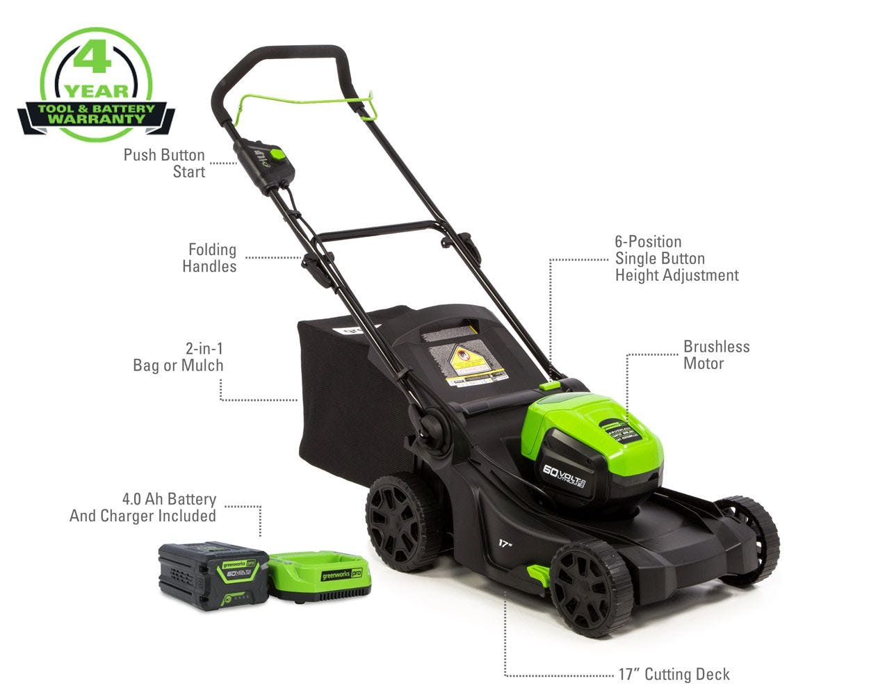 60V 17-Inch Cordless Lawn Mower | Greenworks Pro