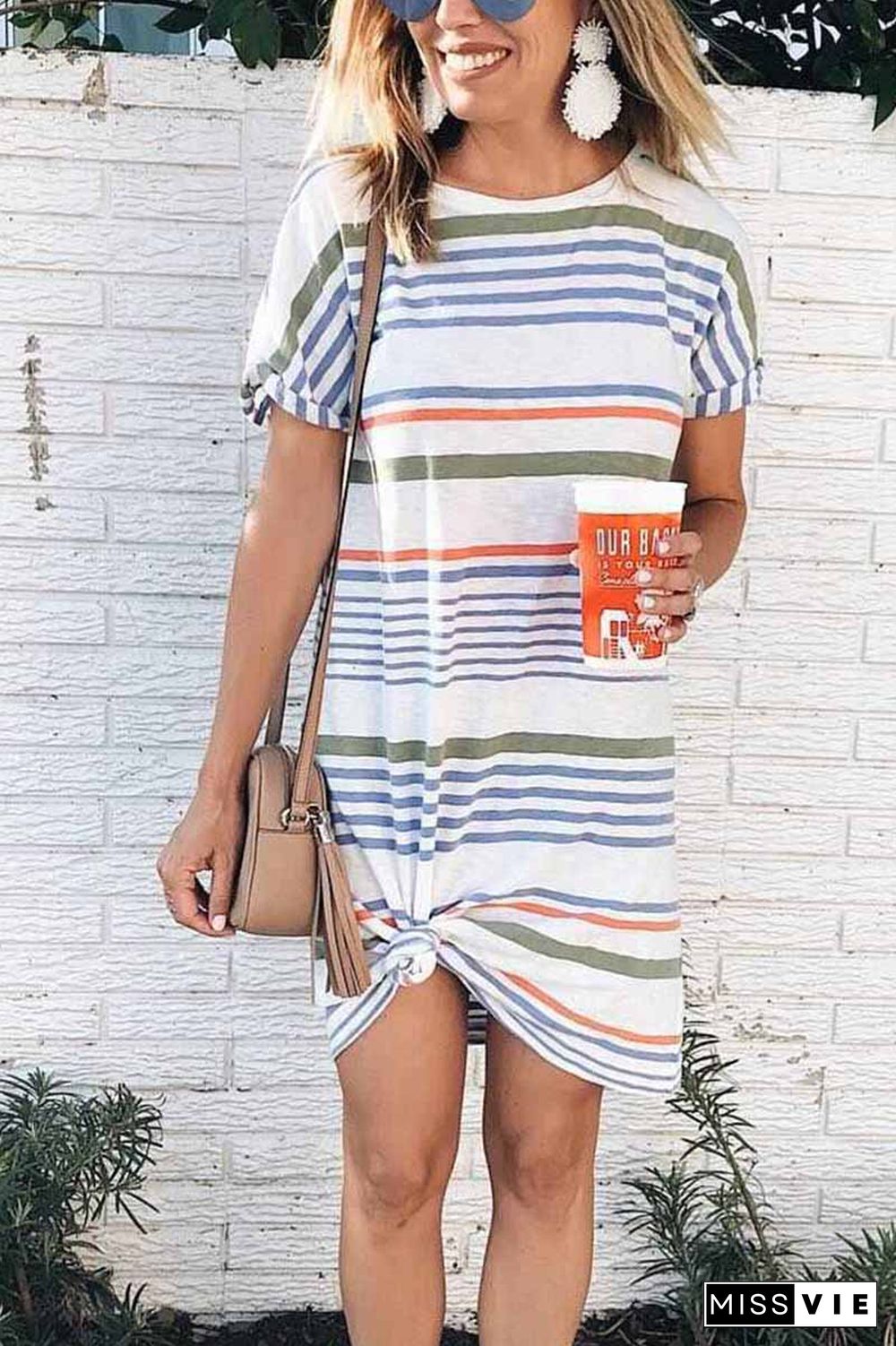 Printed O-neck Striped Midi Dress