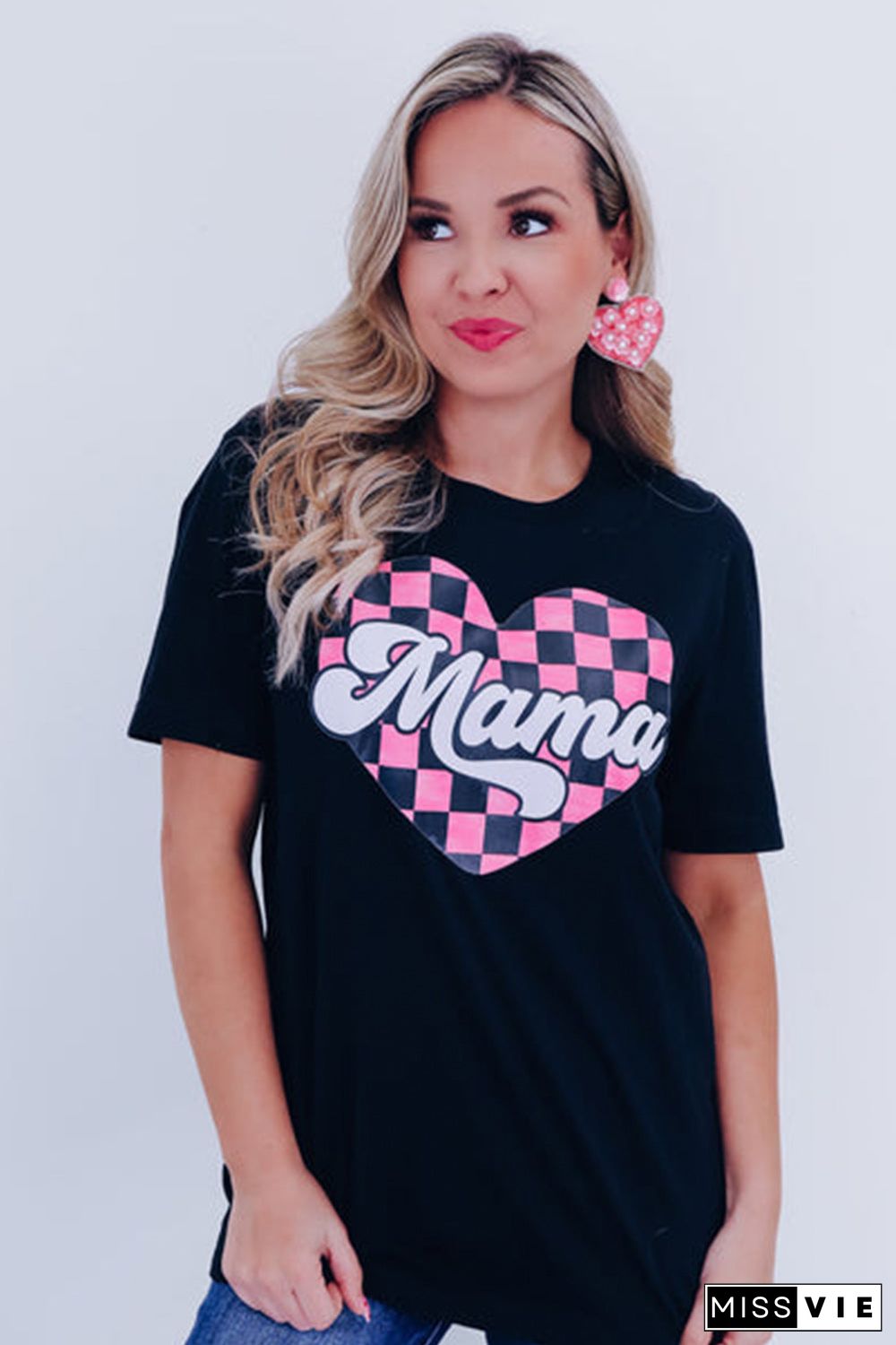 Black Mama Checkered Heart Shape Print Crewneck T Shirt