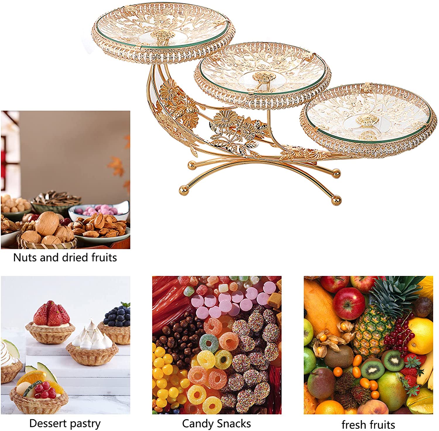 Flkoendmall 3 Tier Table Fruit Dessert Bowl Gold Storage Serving Tray Kitchen Fruit Bowl