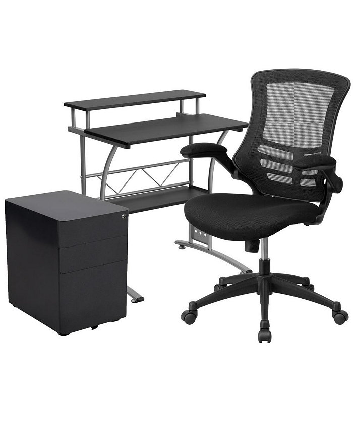 EMMA+OLIVER Work From Home Kit-Computer Desk Ergonomic Office Chair Mobile Filing Cabinet