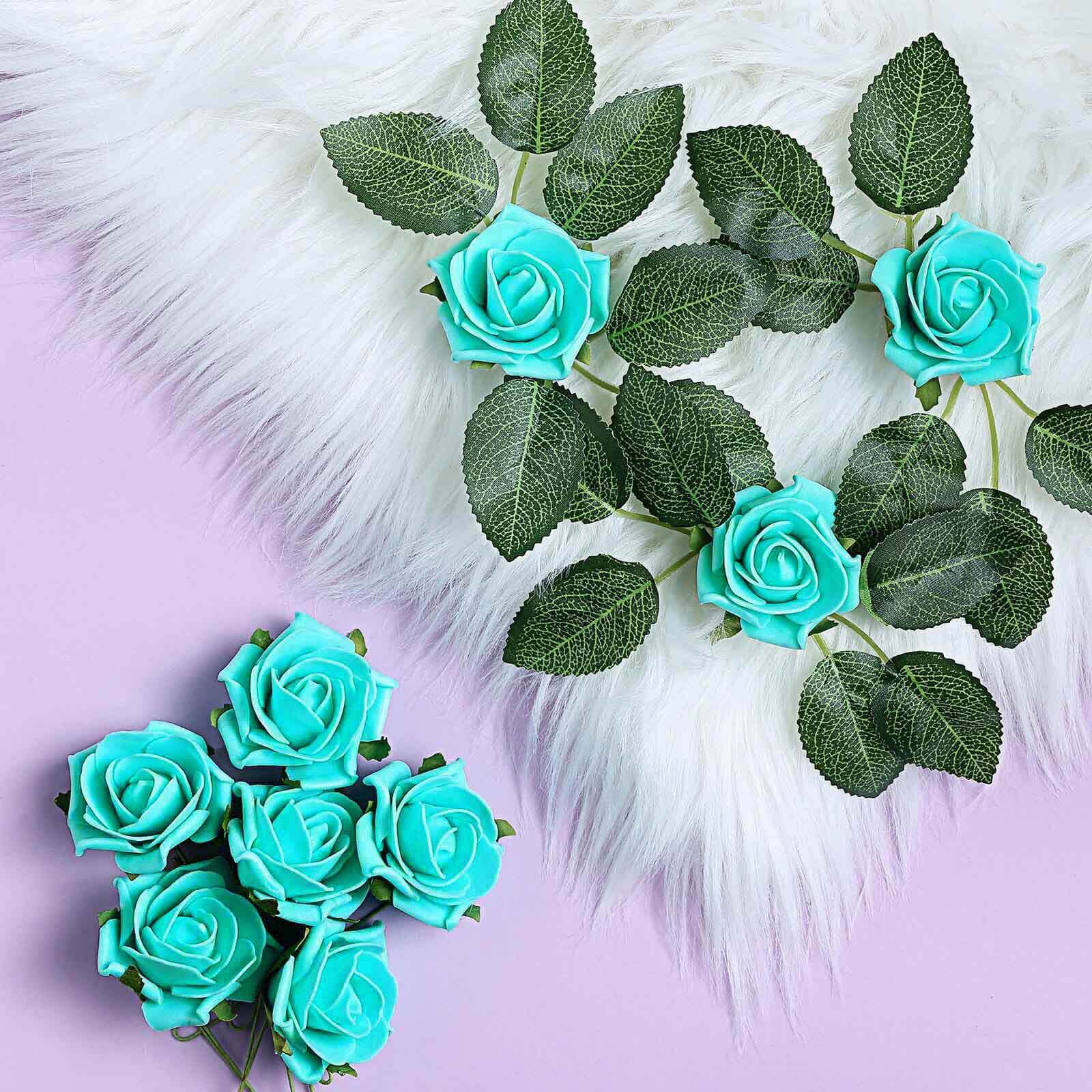 24 Roses Turquoise Artificial Foam Flowers With Stem Wire and Leaves 2