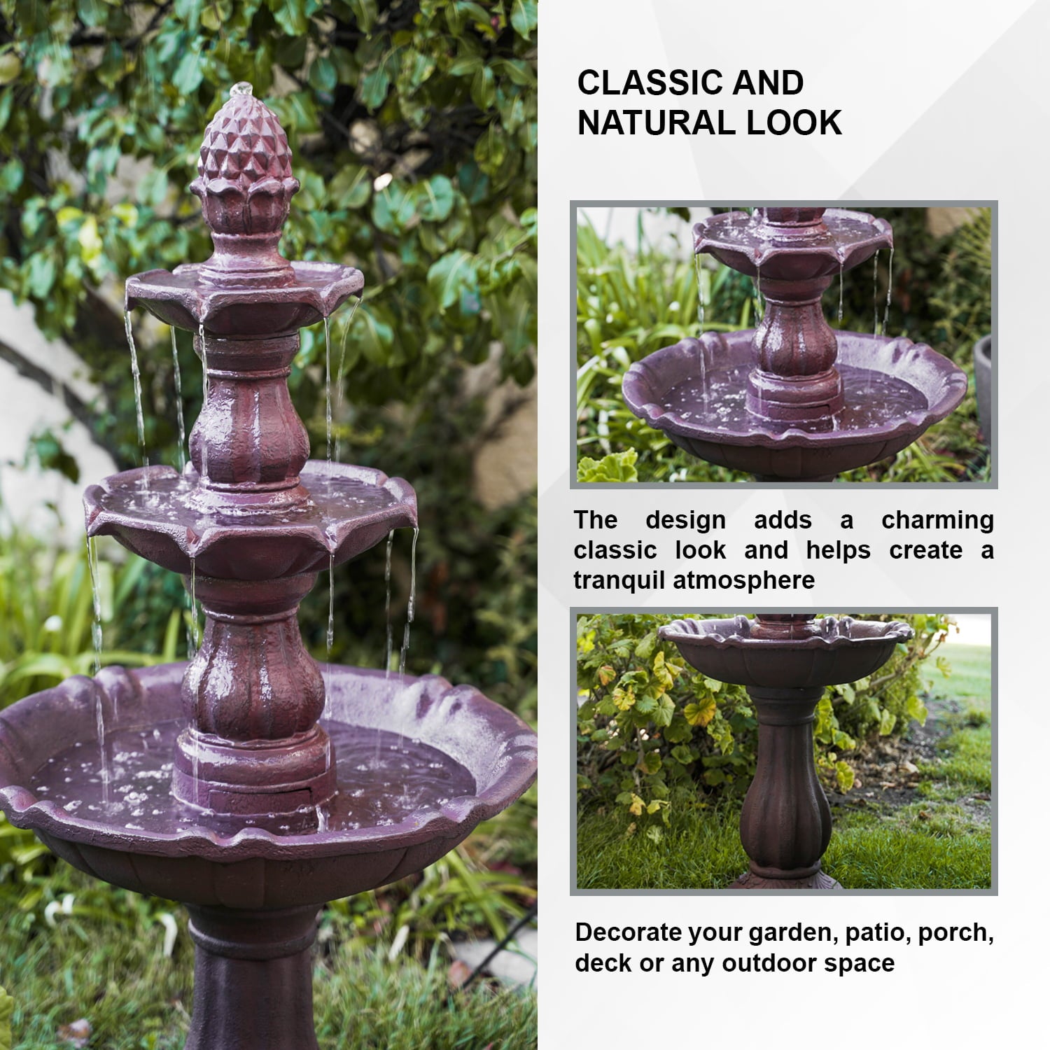 XBrand 3-Tier Freestanding Waterfall Fountain， Outdoor Garden， Yard， Lawn， Porch Décor， 51 Inch Tall， Brown