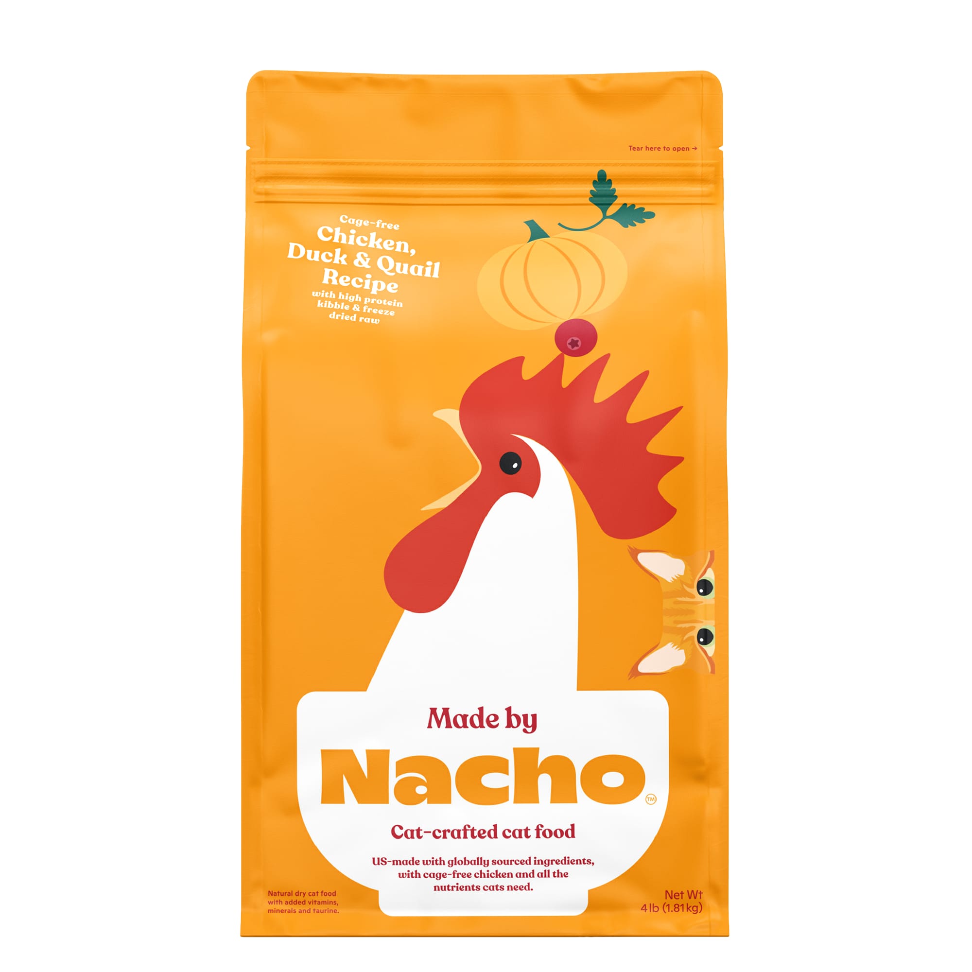 Made by Nacho Cage Free Chicken， Duck  Quail Recipe With Freeze-Dried Raw Chicken Liver Dry Cat Food， 4 lbs.