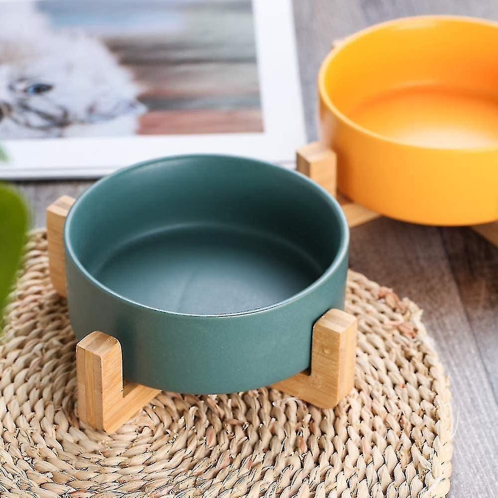 Green Pet Dog And Cat Bowls Ceramic Dog Cat Bowls Bamboo Holder - Dishwasher Safe And Easy To Clean