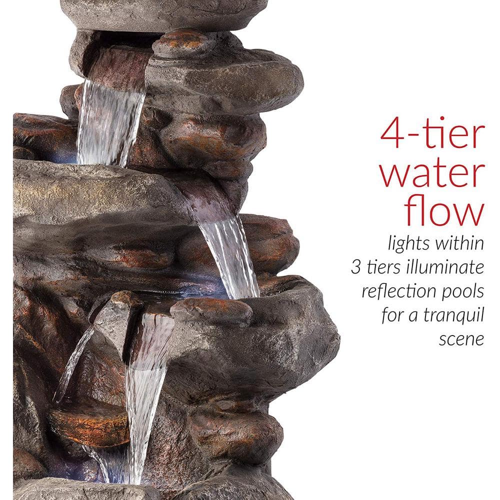 Alpine Corporation 40 in. Tall Outdoor 4-Tier Rock Water Fountain with LED Lights WIN316