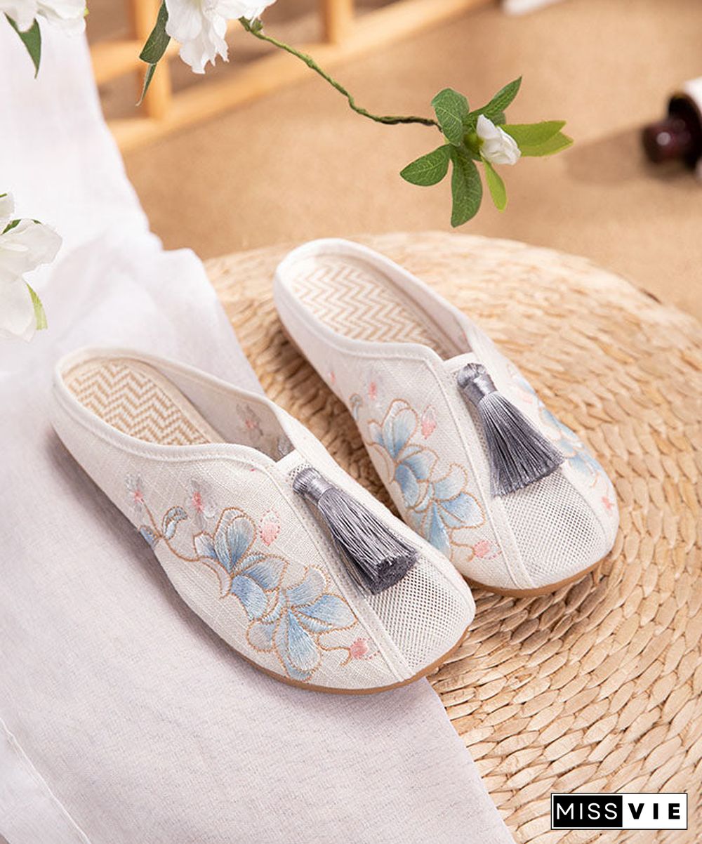 White Flat Slide Sandals Linen Fabric Chic Embroidery Tassel