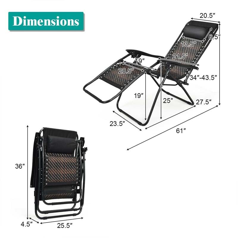 Rattan Folding Zero Gravity Lounge Chair Outdoor with Removable Pillow, Locking System, Adjustable Portable Patio Armchair