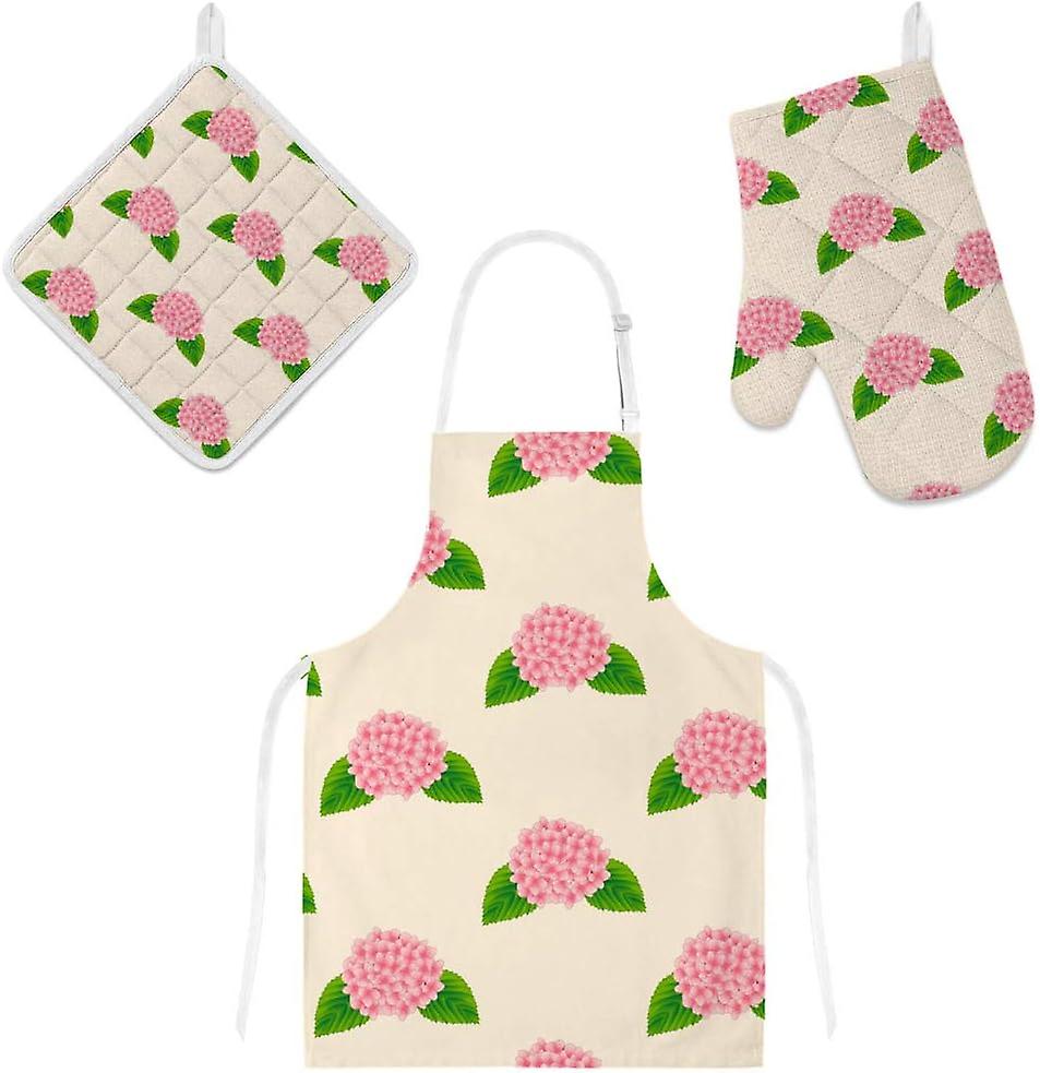 Kitchen Oven Mitts Glove Potholder Apron 3pcs Set Pink Hydrangea Flower Non Slip Heat Resistant Mitts For Baking Cooking Bbq