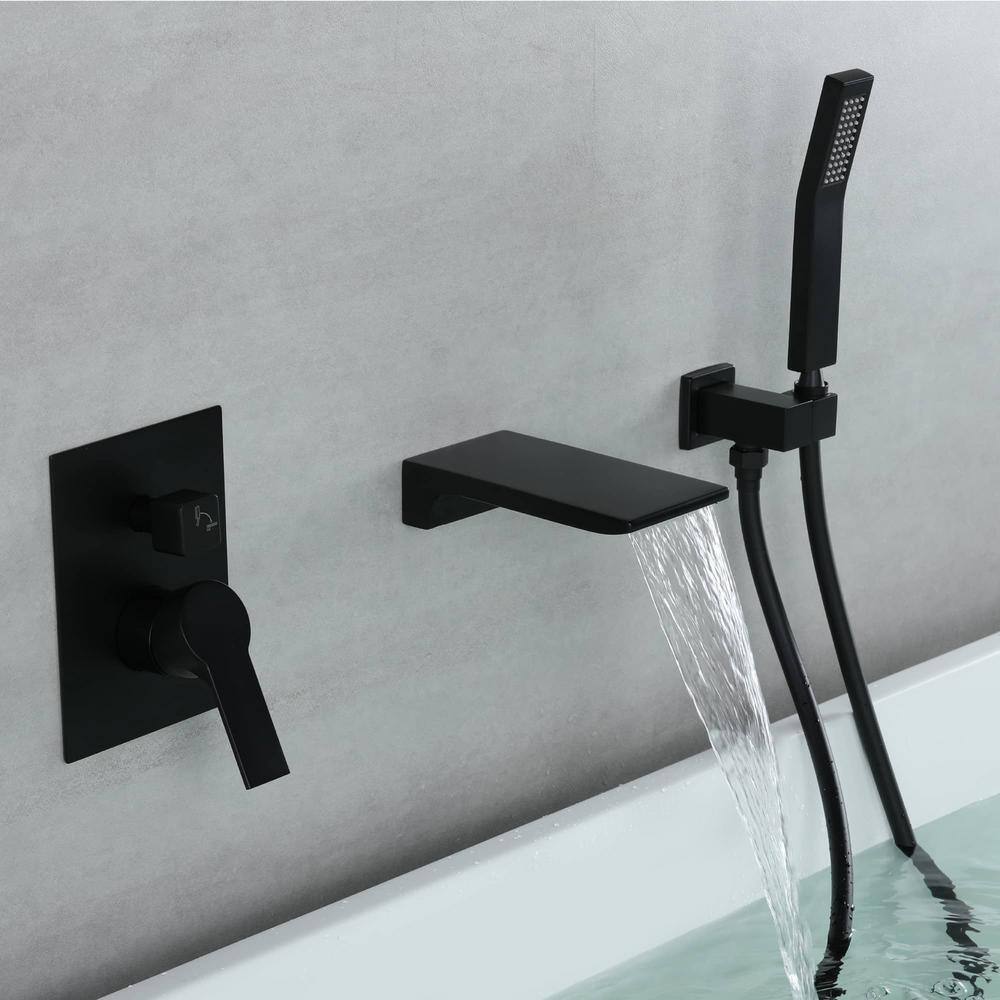 FLG Single-Handle Wall-Mount Roman Tub Faucet with Hand Shower Brass Waterfall Tub Filler in Matte Black SS-0052-MB