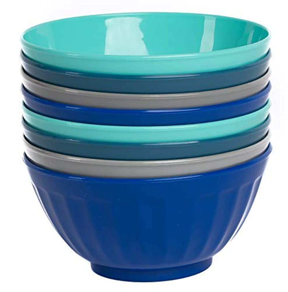 Klickpick Home 6 Inch Plastic Bowls Set of 8-28 ounce Large Plastic Cereal Bowls Microwave Dishwasher Safe Soup Bowls - BPA Free Kids Bowls 4 Coastal Colors (2 of Each Color)