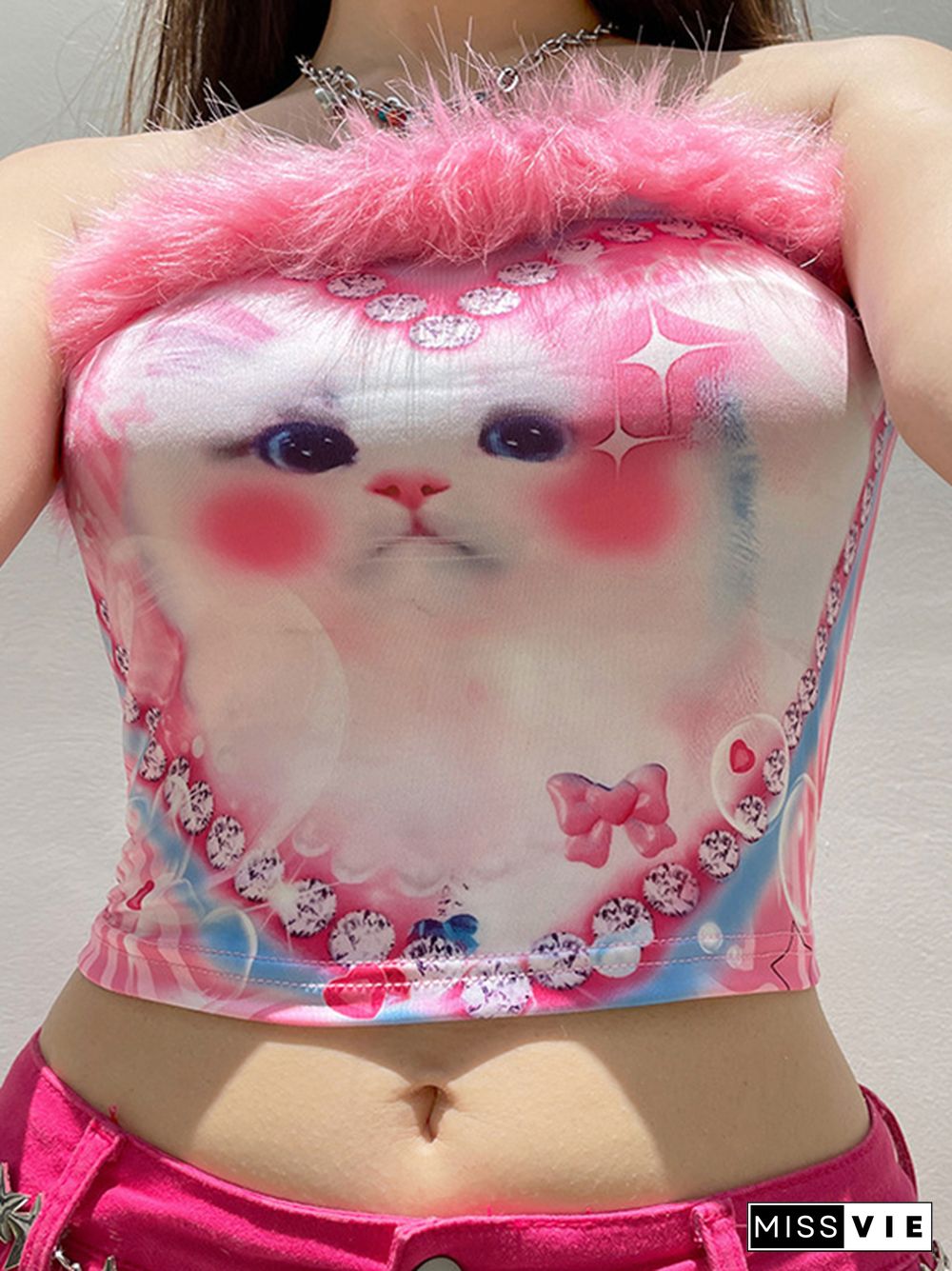 Adorable Kitten Print Plush Trim Splice Bandeau Top