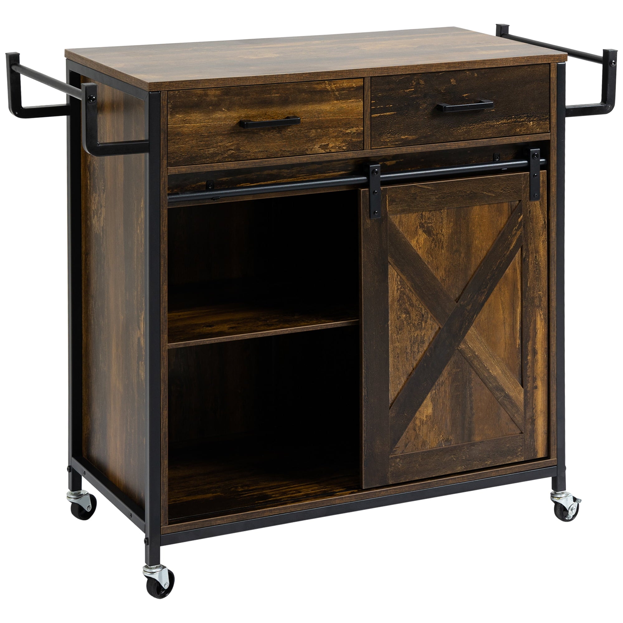 HOMCOM Rustic Farmhouse Kitchen Cart, Rolling Storage Island with Adjustable Shelf, Two Drawers