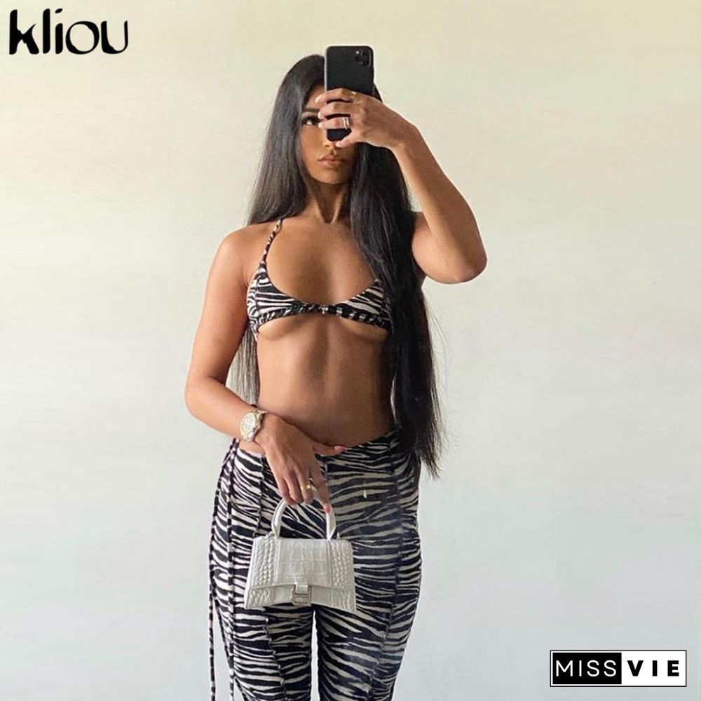 Kliou Zebra Pattern Print Matching Sets Women Sleeveless Sexy Backless Halter Top And  Bandage Pants Two Piece Outfits