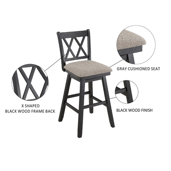 Jasmine 29 Inch Handcrafted Rustic 360 Degree Swivel Barstool Chair， Crossed Black Wood Frame， Gray