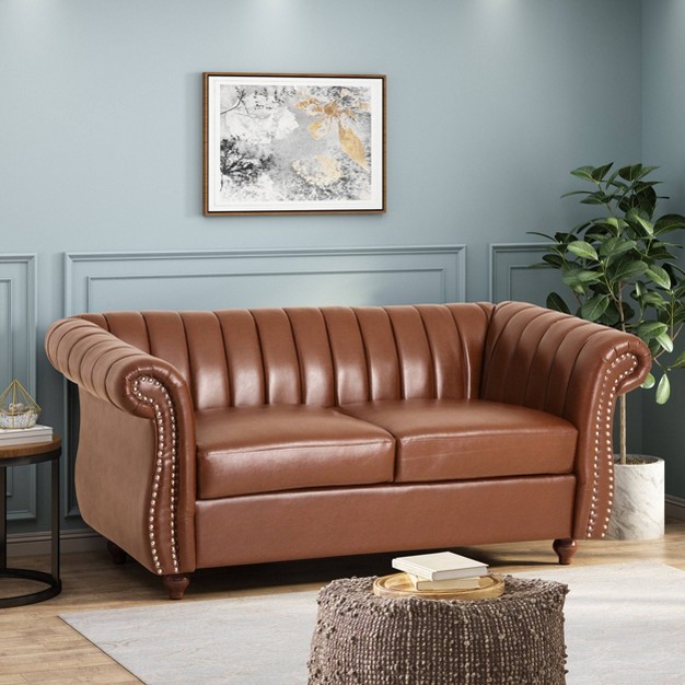 Glenmont Contemporary Channel Stitch Loveseat With Nailhead Trim Christopher Knight Home