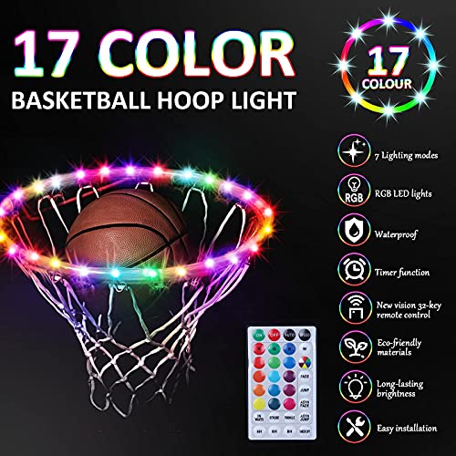 LED Basketball Hoop Light， Remote Control Waterproof Basketball Rim Lights with 17 Colors and 7 Lighting Modes， Super Bright Basketball Goal Accessories for Kids Adults Boys Outdoor Game and