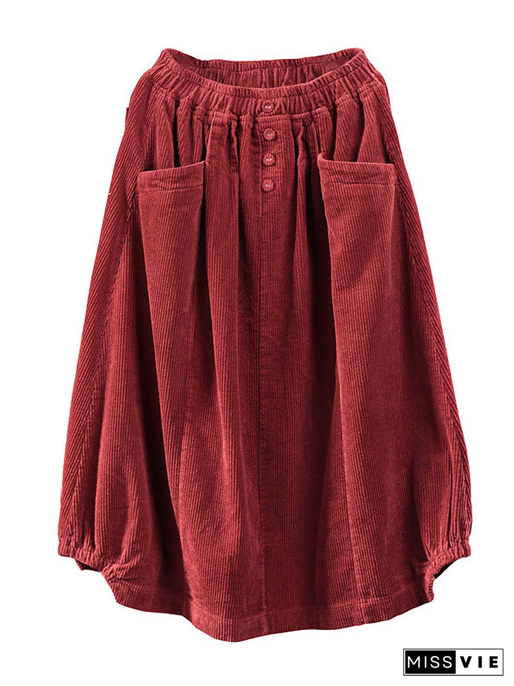 Plus Size Elastic Waist Calf Length Spring Corduroy Skirt