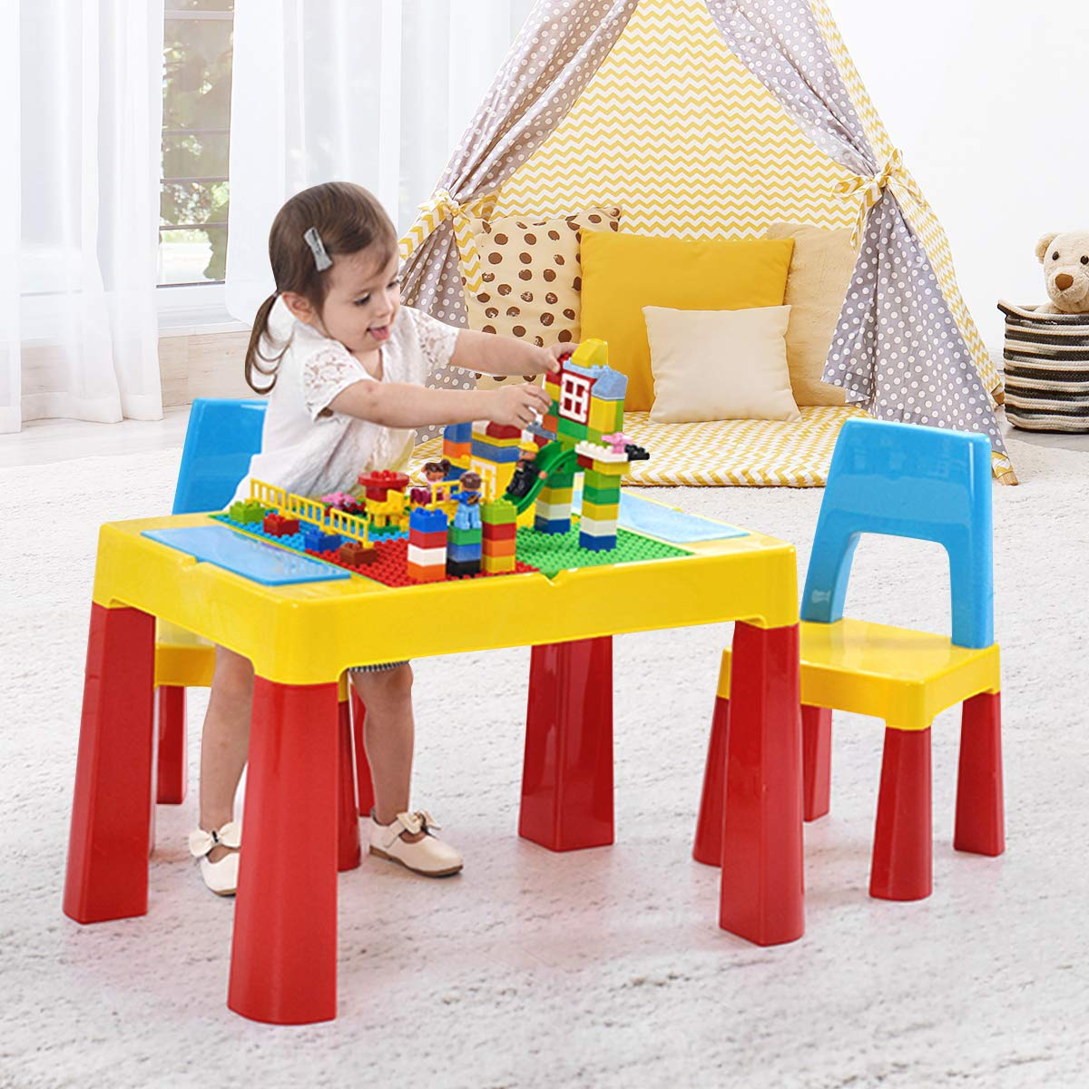 Costzon 7 in 1 Kids Table and 2 Chair Set, Children Building Block Table with Storage