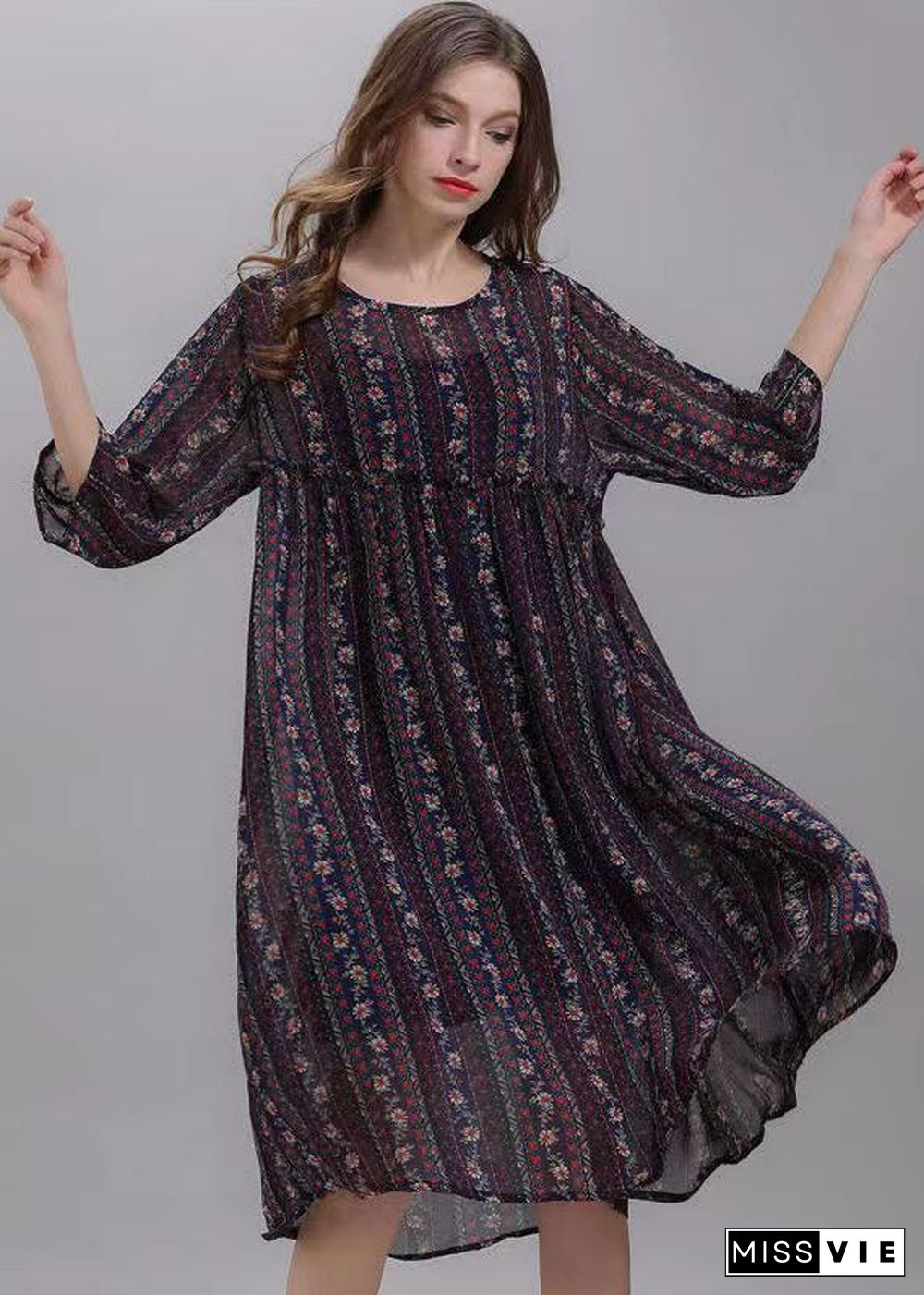 Bohemian Striped O Neck Wrinkled Patchwork Chiffon Dresses Half Sleeve