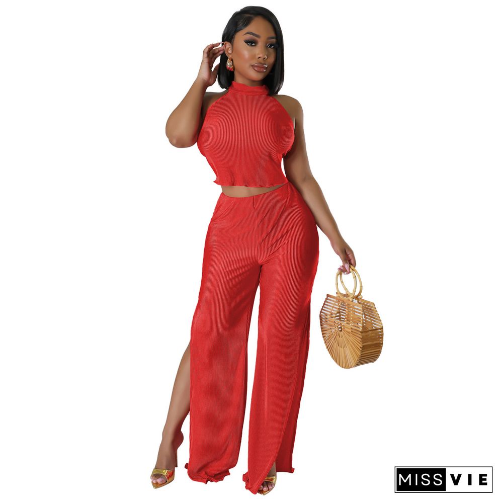 Halter Backless Crop Tops Wide Leg Pants Set