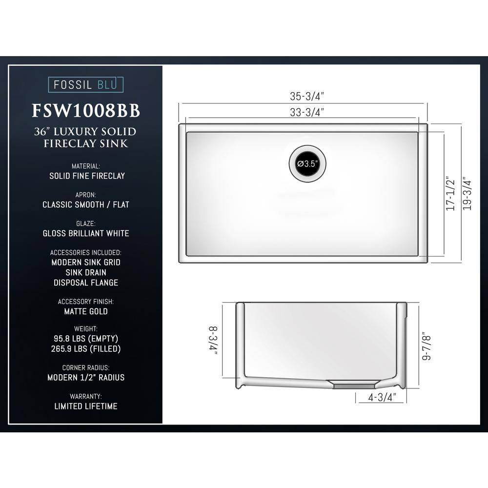 Fossil Blu Luxury White Solid Fireclay 36 in. Single Bowl Farmhouse Apron Kitchen Sink with Matte Gold Accs and Flat Front WHS1008BB