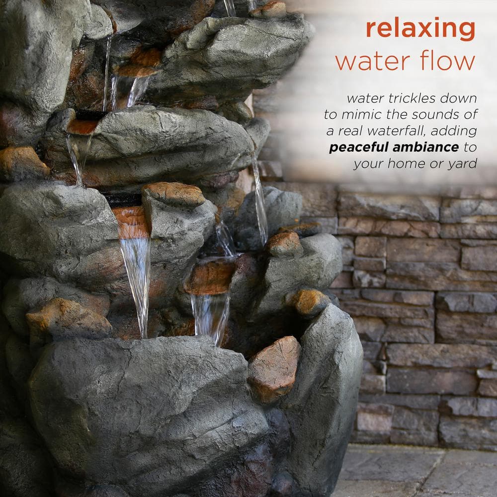 Alpine Corporation 50 in. Tall Outdoor 8-Tier Rock Waterfall Fountain with LED Lights, Grey TZL130