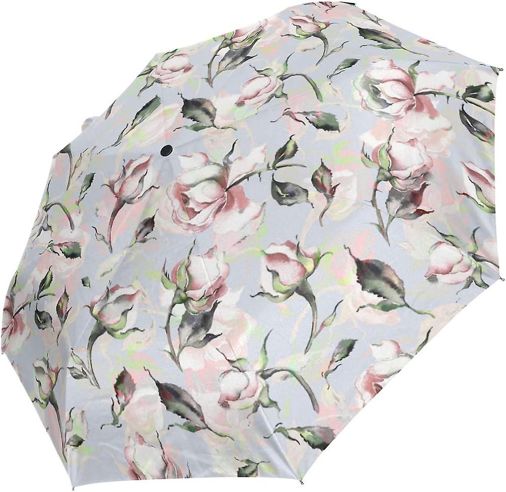 Travel Umbrella Automatic Windproof Foldable Umbrella Watercolor Pattern Tender Roses