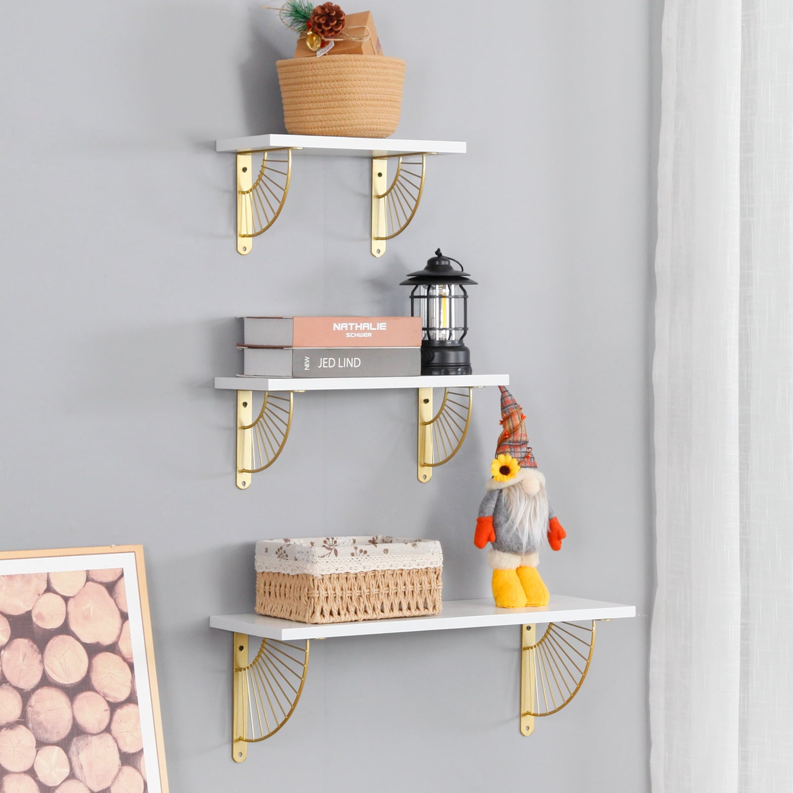 Floating Shelves for Home/ Office Décor Set of 3, Wall Mounted Bookshelf, Decor Wall Shelf, Storage Shelves, Spice Rack, White Shelf with Golden Metal Brackets, for Bedroom | Living Room | Bathroom |