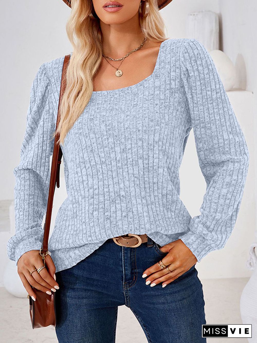 Long Sleeves Loose Solid Color Square-Neck T-Shirts Tops