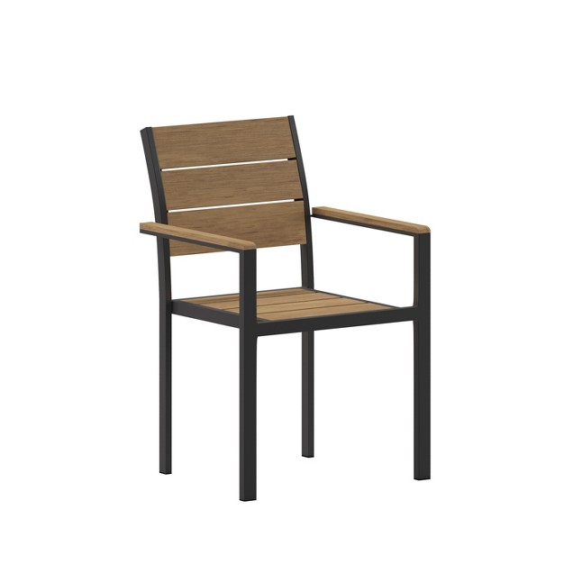 Emma And Oliver Outdoor Stacking Side Chair With Faux Teak Poly Slat Seat Back And Arms And Metal Frame