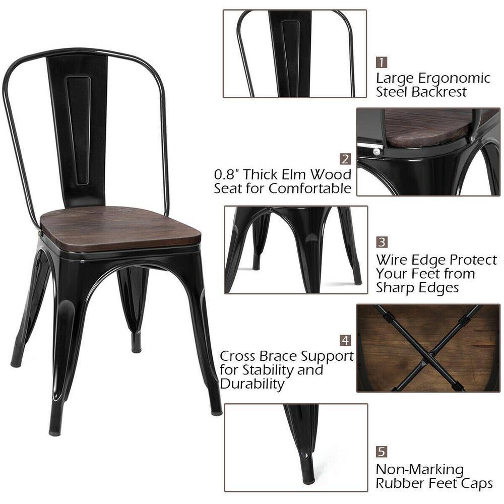 Boyel Living Set of 4 Metal Dining Chair Stackable with Wood Cushion in Black  Coffee HYSN-66013BK