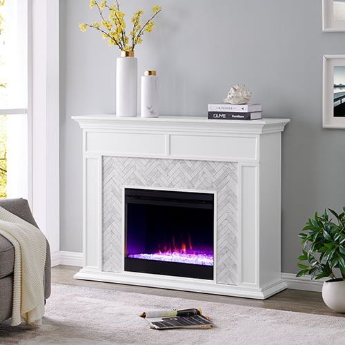 SEI Furniture Electric Freestanding Color Changing Tiled Fireplace in White with Gray Marble