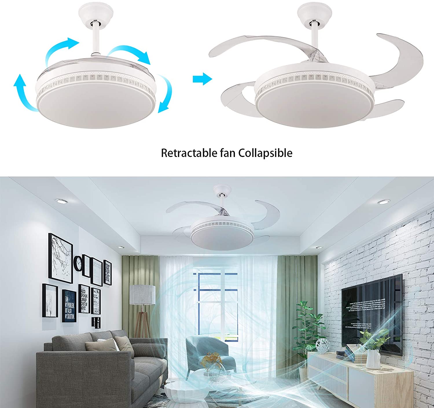 Wuzstar 42 Inch Modern Invisible Ceiling Fan with Lights Retractable Ceiling Fan Lamp w/ Remote Control for Living Room Bedroom