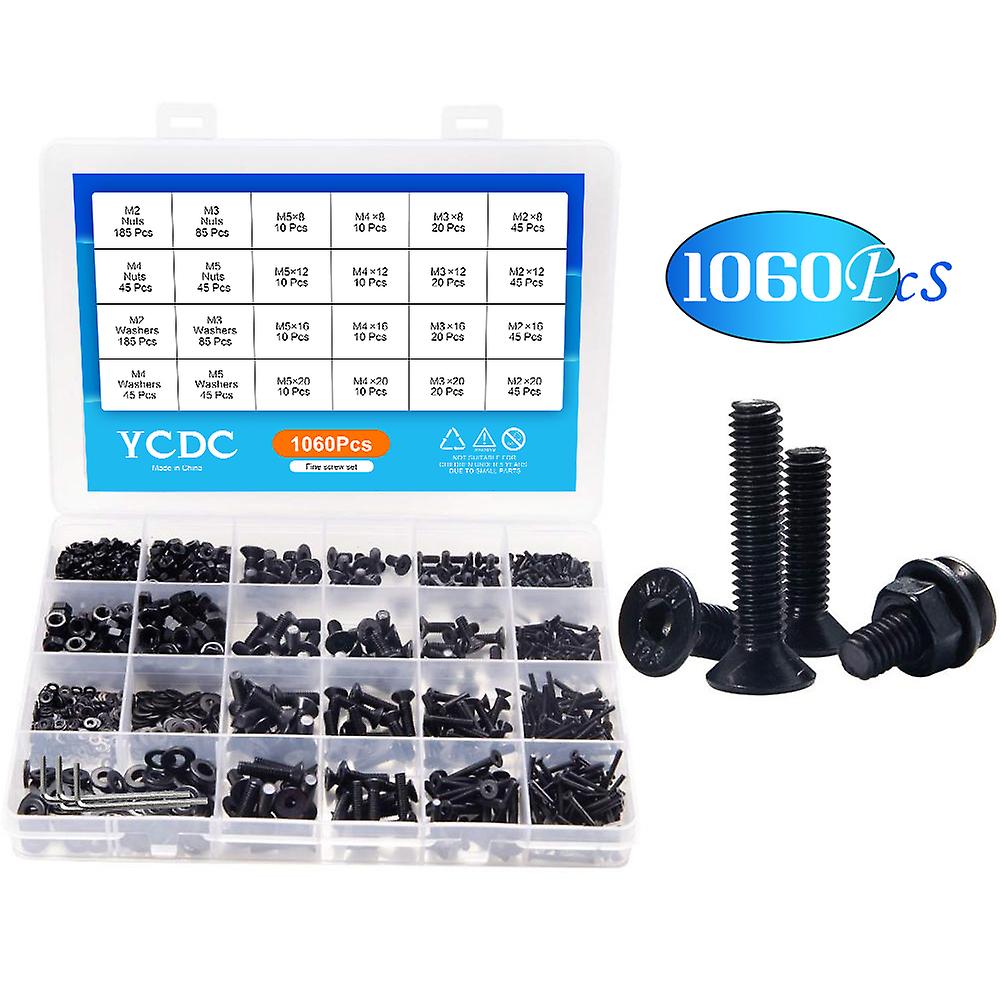 1060pcs With Storage Box Steel Head Bolts M2 M3 M4 M5 Bolts Kit Hex Socket Screw Nuts Socket Assortment Flat Round Cap Carbon