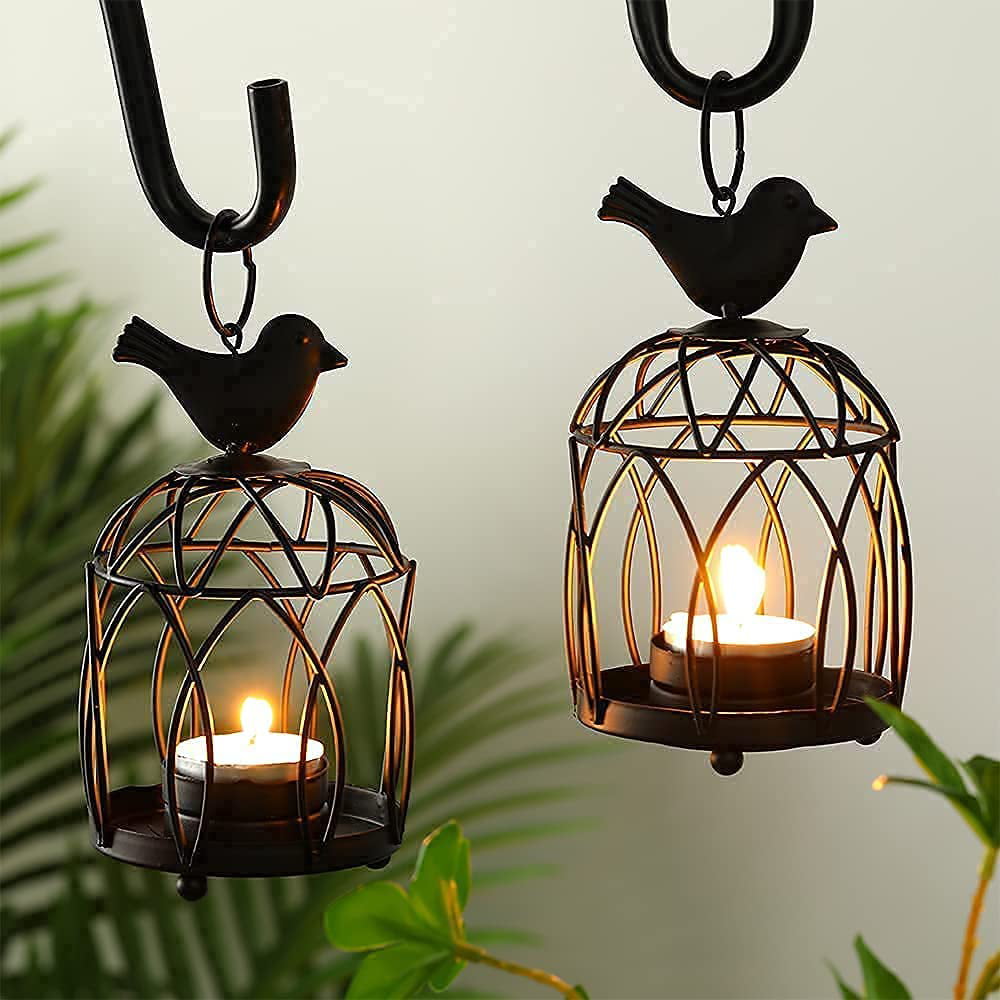 JHY DESIGN Set of 2 Small Metal Outdoor Candle Lantern， Decorative Candlestick Holders， Birdcage Votive and Tealight Candle Holder (Black)