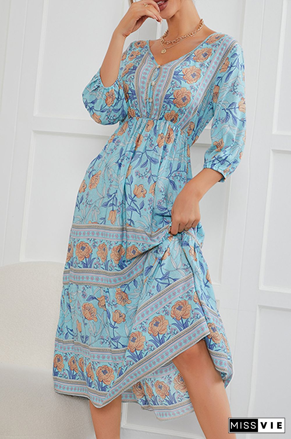 Bohemian Floral Buckle V Neck A Line Dresses