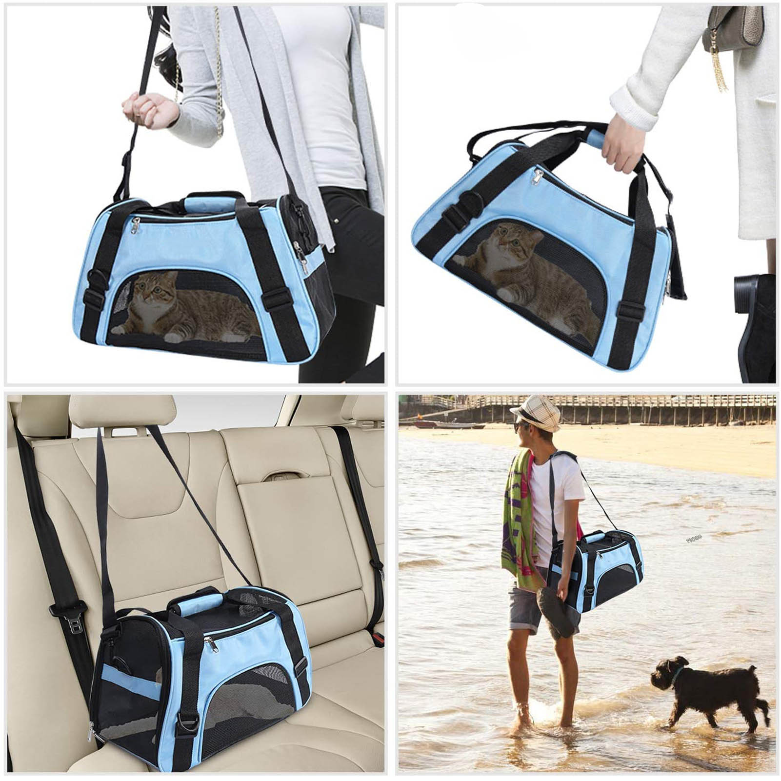 Soft Pet Carrier Airline Approved Soft Sided Pet Travel Carrying Handbag Under Seat Compatibility， Perfect for Cats and Small Dogs Breathable 4-Windows Design (Blue)