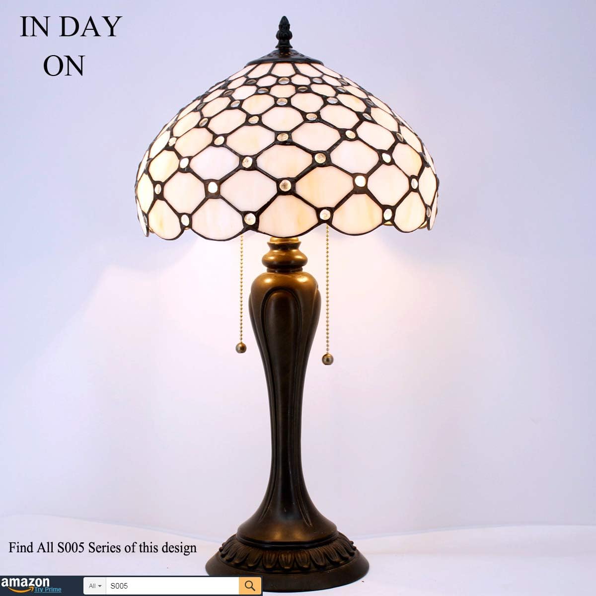 GEDUBIUBOO Tiffany Lamp Stained Glass Table Lamp Cream Pearl Bead Style Desk Reading Light 12X12X22 Inches Decor Bedroom Living Room  Office S005 Series