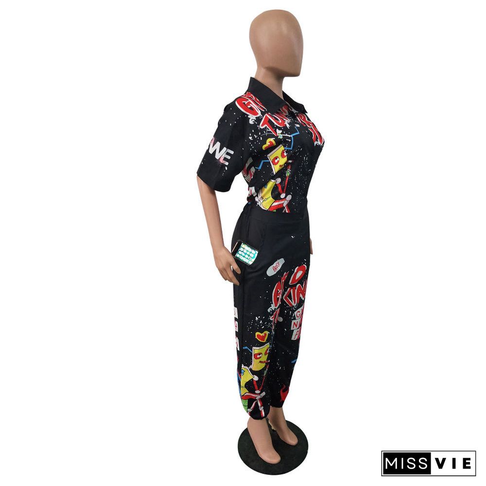 Loose Long Sleeve Animated Letter Print Lapel Jumpsuit